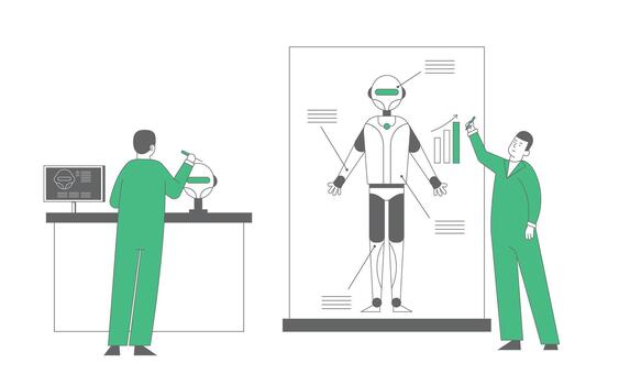 ingenieros crear robot en laboratorio. artificial inteligencia futurista tecnología. innovador mirar. hombre escritura en pantalla con robot. robótica Ingenieria dibujos animados plano ilustración, línea Arte vector