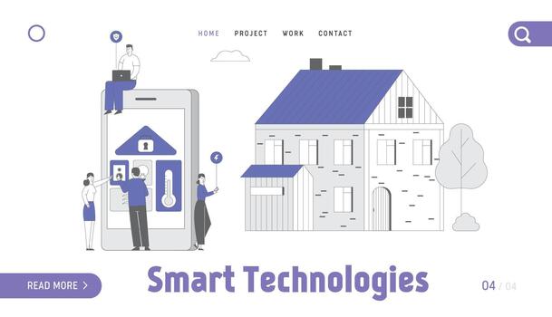 Smart Technologies Website Landing Page. People at Huge Tablet with App for House System Centralized Control. Ventilation Security Service Web Page Banner. Cartoon Flat Illustration, Line Art vector
