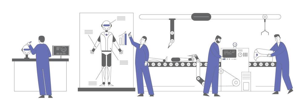 Artificial Intelligence Technology Engineers Making and Programming Robots. Robotics Hardware and Software Engineering in Laboratory with Hi-Tech Equipment. Cartoon Flat Illustration, Line Art vector