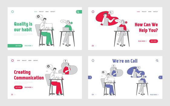 Customer Support Hotline Call Center Service Website Landing Page. Consultants Chatting with Clients Answer Questions by Phone and Online Web Page Banner. Cartoon Flat Illustration, Line Art vector
