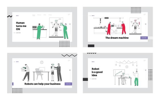 Robotics Hardware and Software Engineering, Human vs Robots Website Landing Page Set. Cyborg Kicked Man Away from Job. Scientists Create Ai Web Page Banner. Cartoon Flat Illustration, Line Art vector