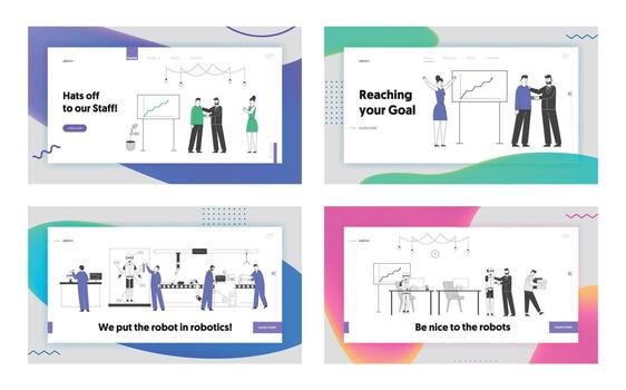 automatización, personas y robots trabajando en oficina sitio web aterrizaje página colocar. robótica Ingenieria innovador mirar, tecnología. empresa éxito web página bandera. dibujos animados plano ilustración, línea Arte vector
