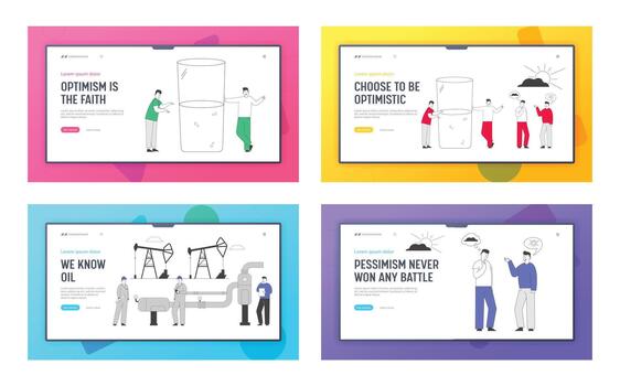 Positive Negative Thinking. Gas Industry Website Landing Page. Pessimist Optimist Stand at Huge Half Full or Empty Glass. Workers at Pipeline Web Page Banner. Cartoon Flat Illustration Line Art vector
