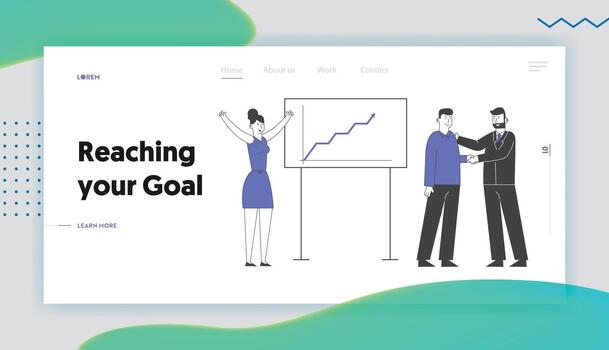 Director Congratulate Workers for Successful Work Website Landing Page. Boss Shaking Hand to Office Employee at Chartboard with Growing Graph Web Page Banner. Cartoon Flat Illustration Line Art vector