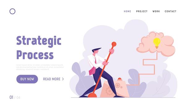 Creative Idea, Brainstorm Website Landing Page. Businessman Moving Huge Lever Arm to Switch on Light Bulb inside of Human Brain. Searching Solution Web Page Banner. Cartoon Flat Illustration vector