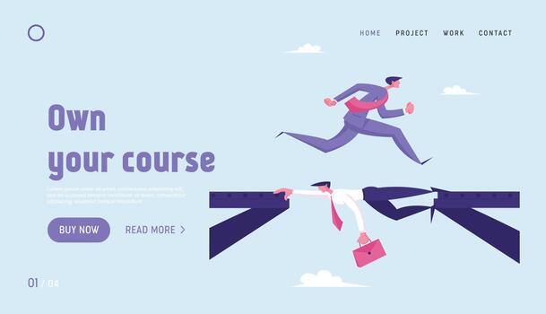 Strongest will Survive Website Landing Page. Business Man in Suit Running over Head of Colleague Lying between Broken Bridge Sides, Goal Achievement Web Page Banner. Cartoon Flat Illustration vector