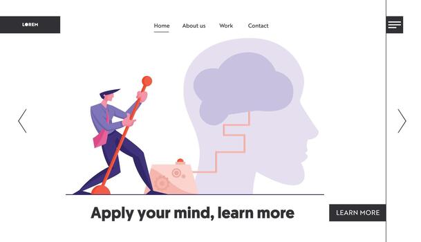 Creativity and Searching Solution Website Landing Page. Businessman Moving Huge Lever Arm to Switch on Brain in Human Head. Creative Idea, Brainstorm Web Page Banner. Cartoon Flat Illustration vector