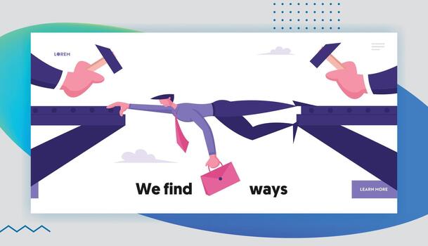 difícil tarea, estrés fecha límite sitio web aterrizaje página. preocupado empresario colgando Entre apartado puente partes y manos con puñetazos martillos web página bandera. dibujos animados plano ilustración vector