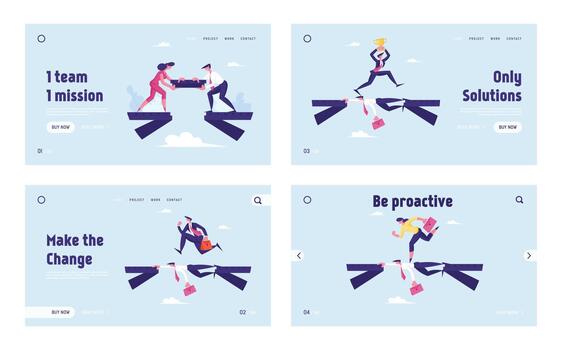 Strongest will Survive and Working Compromise Website Landing Page Set. Business People Careerists Run over Head of Colleague Like on Bridge, Teamwork Web Page Banner. Cartoon Flat Illustration vector
