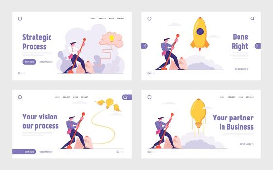 Creative Idea and Searching Solution Website Landing Page Set. Businessman Launch Rocket Light Bulb Push Lever Arm, Business Project Startup, Brain Web Page Banner. Cartoon Flat Illustration vector