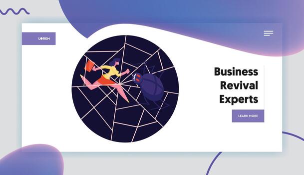 Problem at Work, Frustration and Risk Experience Website Landing Page. Businesswoman Stuck in Cobweb with Huge Spider, Difficult Hopeless Life Period Web Page Banner. Cartoon Flat Illustration vector