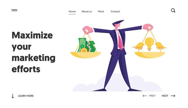 Idea Bring Money Website Landing Page. Businessman Hold Gold Weights with Stack of Coins and Banknotes and Glowing Light Bulb with Wings on Scalepans Web Page Banner. Cartoon Flat Illustration vector