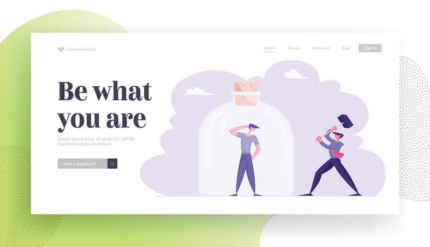 Escape from Jail, Searching Solution, Help Website Landing Page. Businessman with Huge Hammer Trying to Hit Glass Jar with Sad Man Trapped in Bottle Web Page Banner. Cartoon Flat Illustration vector