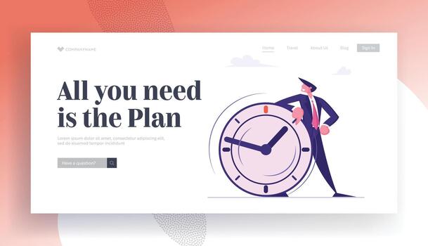 Deadline, Time Management in Working Process and Procrastination Website Landing Page. Businessman Leaning on Huge Clock. Business Planning, Strategy Web Page Banner. Cartoon Flat Illustration vector