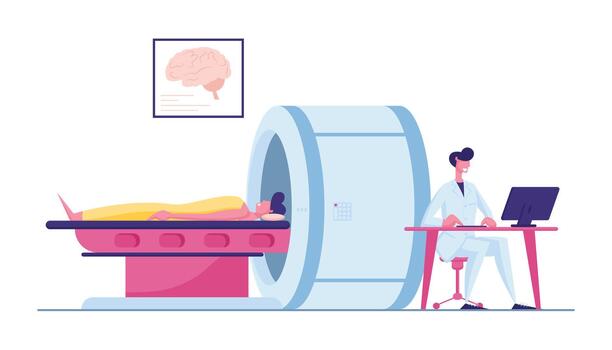 médico mirando a resultados de paciente cerebro escanear en computadora monitor pantalla en frente de mri máquina con hombre acostado abajo. salud cuidado cheque arriba en hospital, exploración dibujos animados plano ilustración vector