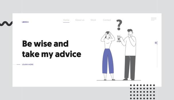 Searching Solution, Forgot Password Website Landing Page. Confused Woman Holding Head, Man with Bunch of Keys and Question Mark above Head Web Page Banner. Cartoon Flat Illustration, Line Art vector