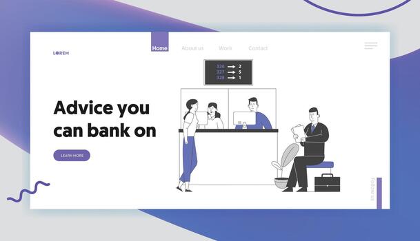 Account Management, Financial Electronic Queuing System Service Website Landing Page. People Wait in Bank Queue Look at Display Number Board Web Page Banner. Cartoon Flat Illustration, Line Art vector