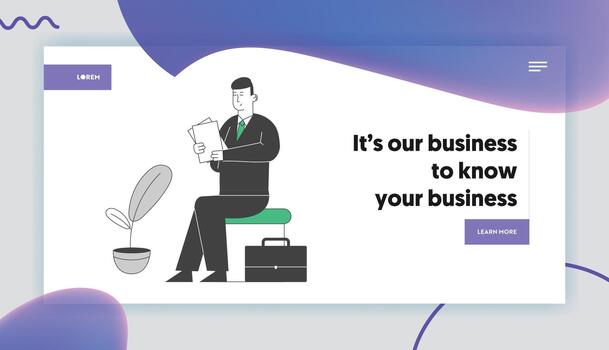 Electronic Queue System Website Landing Page. Businessman in Formal Wear Holding Paper Documents in Hands Waiting Appointment in Bank Web Page Banner. Cartoon Flat Illustration, Line Art vector