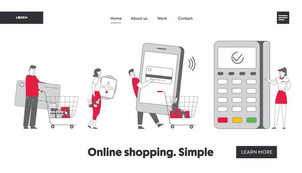 Cashless Paying Website Landing Page. Customers Stand in Queue in Supermarket Prepare Credit Card, Smart Watch and Smartphone at Pos Terminal Web Page Banner. Cartoon Flat Illustration Line Art vector
