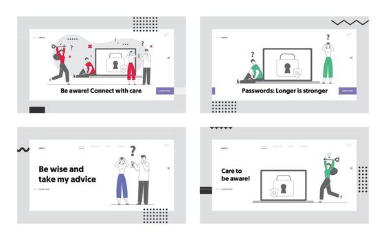 Users Try to Remember Lost Account Password Website Landing Page Set. Internet Profile Protection, Cyber Security, Forgotten Pin Code Aid Web Page Banner. Cartoon Flat Illustration, Line Art vector