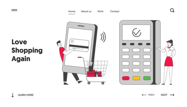 Smartphone Payment with Credit Card Reader Machine Website Landing Page. Man in Supermarket Prepare Mobile Phone for Paying at Pos Terminal Web Page Banner. Cartoon Flat Illustration, Line Art vector