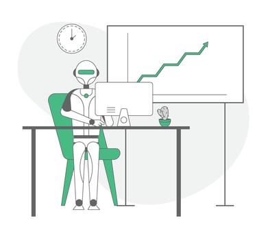 Artificial Intelligence in Human Life Concept. Robot Sitting at Desk with Computer Working in Office. Futuristic Technologies, Smart Devices, Automatization Cartoon Flat Illustration, Line Art vector