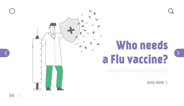 Epidemiology and Vaccination Website Landing Page. Doctor Hold Huge Syringe and Shield with Cross Protecting of Bacteria and Virus Infection Web Page Banner. Cartoon Flat Illustration, Line Art vector