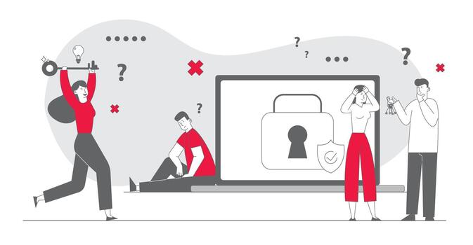 Sad Man Sitting at Huge Laptop with Padlock and Shield on Screen Suffering about Lost Account Password. Happy Woman Run with Key in Hands. Information Defend Cartoon Flat Illustration, Line Art vector