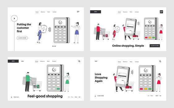 Cashless Payment Transaction Website Landing Page Set. Customers Stand in Queue in Supermarket Prepare Cards and Gadgets at Pos Terminal Web Page Banner. Cartoon Flat Illustration, Line Art vector