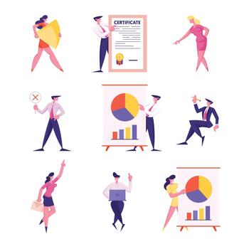 Set of Businesspeople Office Routine and Working Process, Presentation with Pie Chart Statistics, Work Certificate, Business Characters Isolated on White Background Cartoon Flat Illustration vector