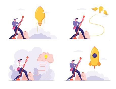 Set Businessman Launch Huge Light Bulb, Rocket and Brain Moving Lever Arm, Business Project Startup. Financial Idea Strategy Realization Success and Searching Solution Cartoon Flat Illustration vector