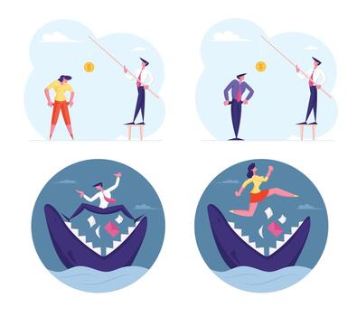 Set Scared Businesspeople Stand on Jaws of Huge Shark with Briefcase and Documents Falling in Chops. Depressed Man and Woman in Need Show Empty Pockets. Money Problem Cartoon Flat Illustration vector
