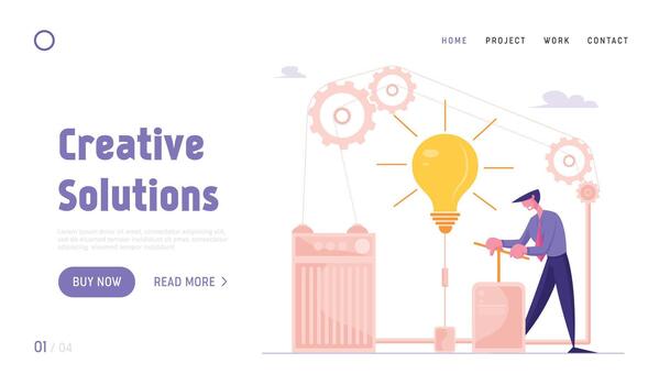 Creative Idea, Brainstorm, Searching Task Solution Website Landing Page. Businessman Push Huge Lever Arm to Switch on Light Bulb in Difficult Mechanism Web Page Banner Cartoon Flat Illustration vector