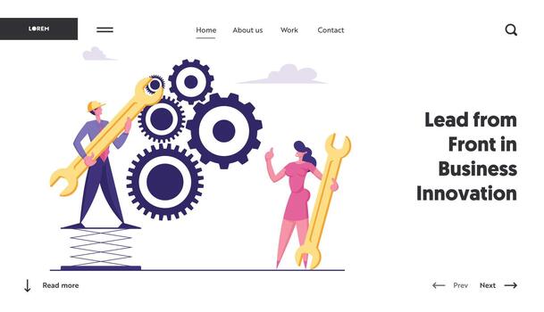 Working Routine Process and Teamwork Website Landing Page. Business Characters Moving Huge Gear Mechanism Using Wrenches, Managing Cogwheel Process Web Page Banner. Cartoon Flat Illustration vector