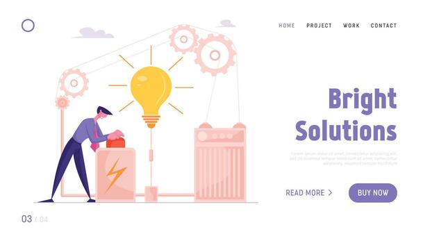 Creative Business Man with Lever Arm Start Up Realization Website Landing Page. Businessman Launch Idea Pushing Red Button in Mechanism with Cogwheels Web Page Banner. Cartoon Flat Illustration vector