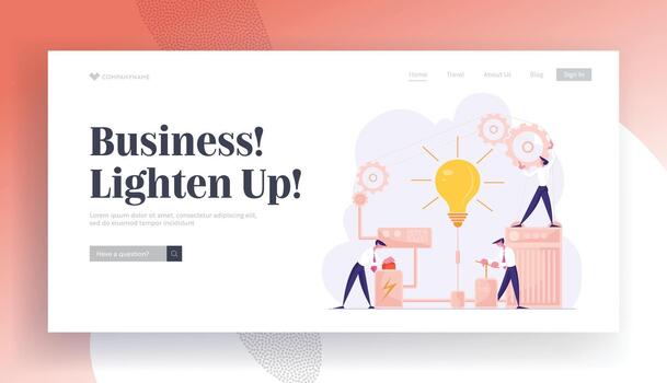 Business Project Startup and Searching Solution Website Landing Page. Businessmen Launch Huge Light Bulb Pushing Lever Arm and Red Button in Mechanism Web Page Banner. Cartoon Flat Illustration vector