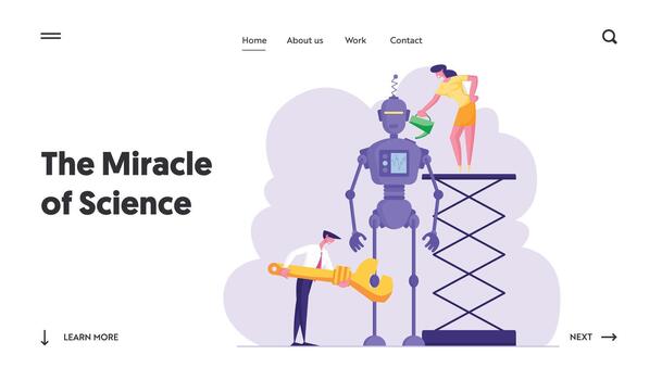 cyborg creando proceso sitio web aterrizaje página. ingenieros o negocio personas caracteres conjunto arriba enorme ai robot. mujer trabajo con engrasador, hombre con llave inglesa web página bandera. dibujos animados plano ilustración vector