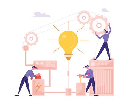 Business Project Startup Financial Idea Realization and Searching Solution Concept. Businesspeople Launch Huge Lamp Pushing Lever Arm and Red Button in Gears Mechanism Cartoon Flat Illustration vector