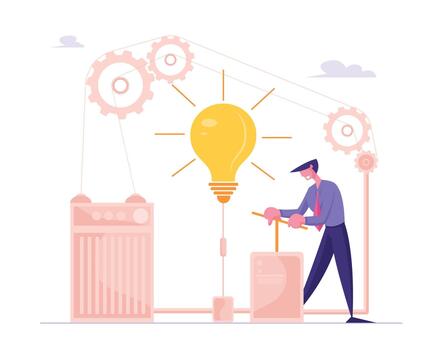 Businessman Push Huge Lever Arm to Switch on Light Bulb inside of Difficult Mechanism with Cogwheels Gears. Creative Idea, Brainstorm Concept. Searching Task Solution Cartoon Flat Illustration vector