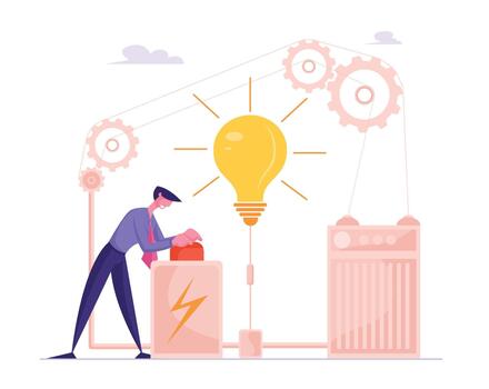 Businessman Launch Business Project Startup or Finance Idea Pushing Red Button in Mechanism with Cogwheels. Creative Business Man with Lever Arm Start Up Realization Cartoon Flat Illustration vector