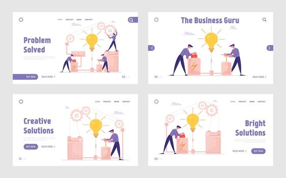 Financial Idea Realization, Creativity Process, Brainstorm Website Landing Page Set. Project Startup Solution, Mechanism with Cogwheels and Gears Web Page Banner. Cartoon Flat Illustration vector