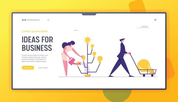 Invention Project Website Landing Page. Businesswoman Inventor Grow Idea Tree with Glow Light Bulbs. Happy Business Man Pushing Cart with Huge Lamp, Web Page Banner. Cartoon Flat Illustration vector