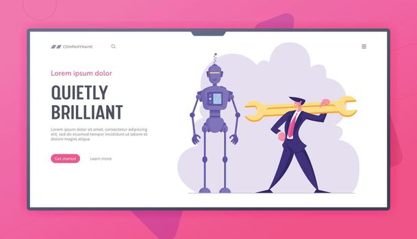 Robotics Engineering, Chatbot and Automatization in Business Website Landing Page. Businessman with Huge Wrench Stand near Cyborg. Robot in Human Life Web Page Banner. Cartoon Flat Illustration vector