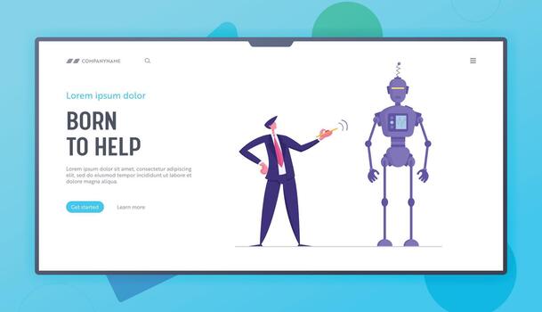 Human and Robot Website Landing Page. Businessman Push Red Button on Remote Control to Make Huge Robot Moving. Cyborg Automation, Future Technologies Web Page Banner. Cartoon Flat Illustration vector
