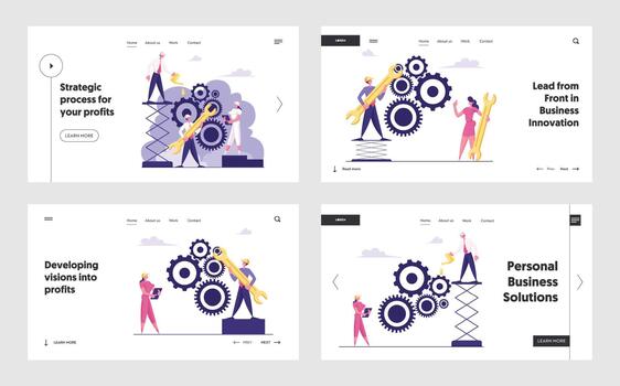 Working Routine Process and Teamwork Cooperation Website Landing Page Set. Business People Moving Gears, Managing Cogwheels Mechanism Web Page Banner. Cartoon Flat Illustration Web Page Banner. vector