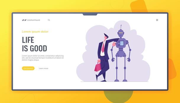 Artificial Intelligence and Human Communication Website Landing Page. Businessman Lean on Robot, Human and Cyborg Futuristic Technology, Smart Device Web Page Banner. Cartoon Flat Illustration vector