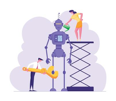 cyborg creando proceso. ingenieros o negocio personas caracteres conjunto arriba enorme robot. mujer con engrasador, hombre con llave inglesa. artificial inteligencia montaje tecnología. dibujos animados plano ilustración vector