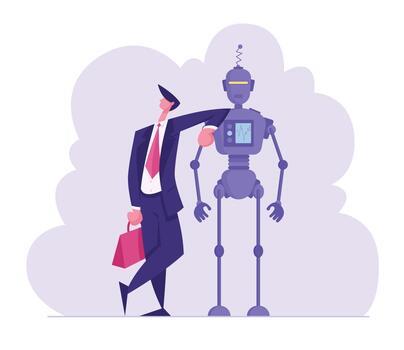 Artificial Intelligence and Human Communication Concept. Businessman Character Lean on Robot, Human and Cyborg Working in Office. Futuristic Technologies, Smart Device Cartoon Flat Illustration vector