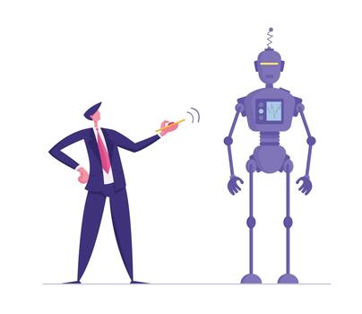Human and Robot Concept. Businessman Push Red Button on Remote Control to Make Huge Robot Moving. Cyborg Automation, Future and Artificial Intelligence Technologies Cartoon Flat Illustration vector