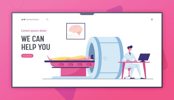 salud cuidado cheque arriba en hospital, exploración sitio web aterrizaje página. médico mirando a resultados de paciente cerebro escanear en computadora, hombre acostado en mri máquina web página bandera. dibujos animados plano ilustración vector